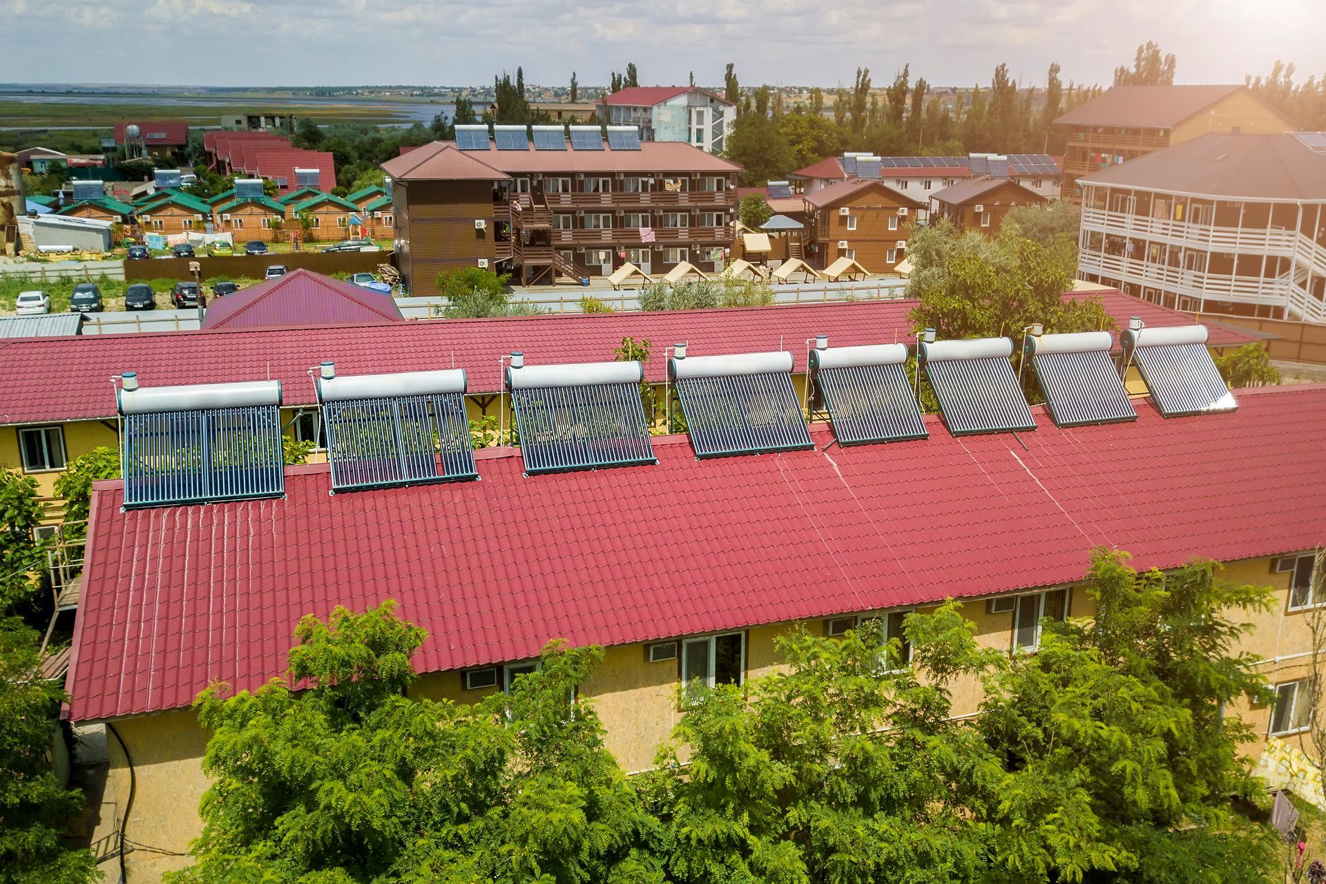 Solar water heaters on a roof.