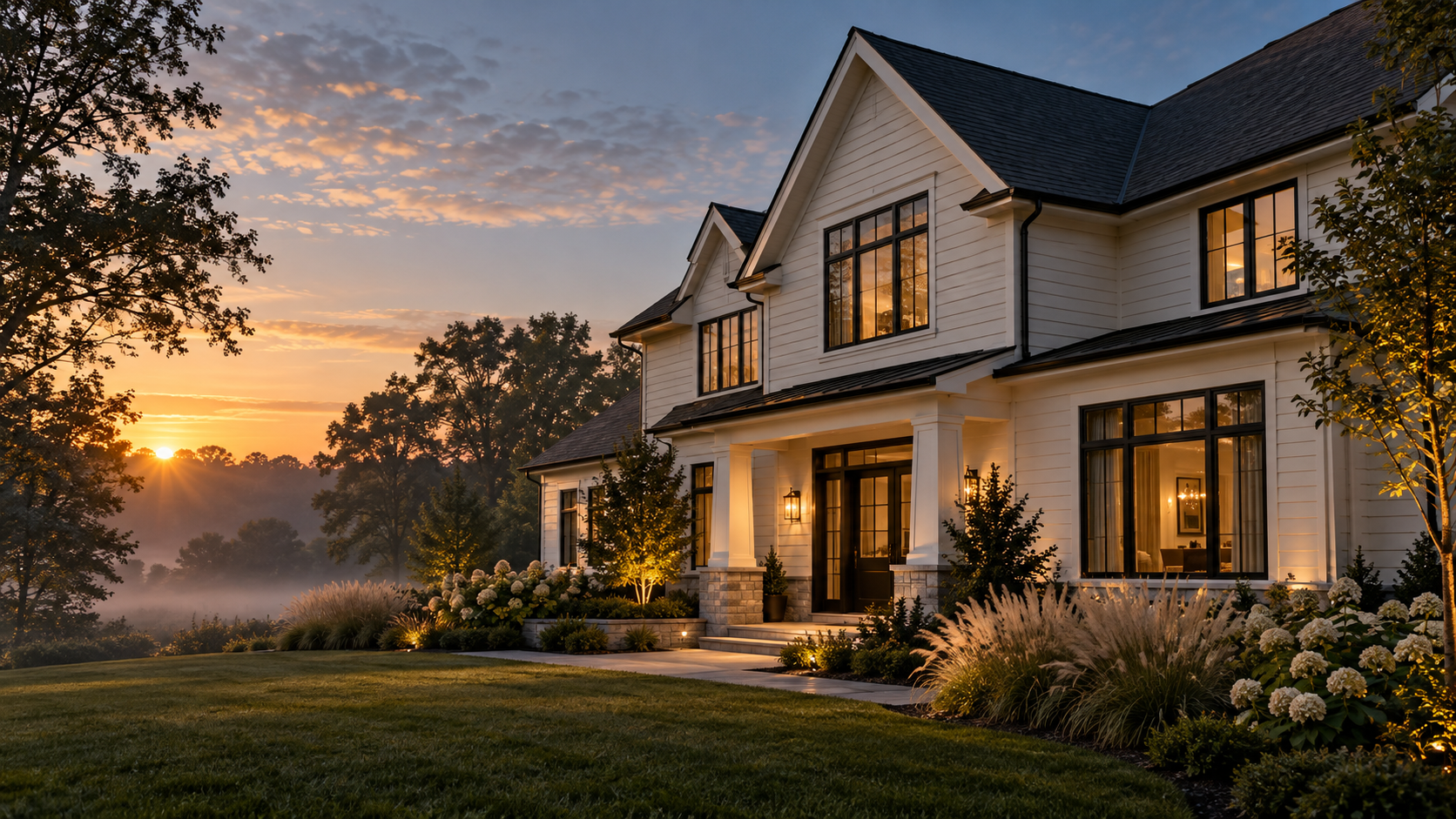 Architectural concept of a home with charcoal roofing and white siding