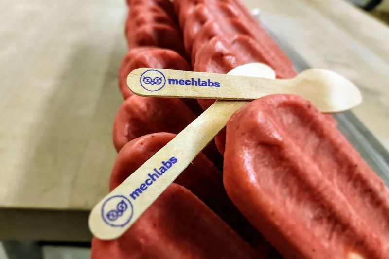 Two wooden spoons with the word mechlabs on them