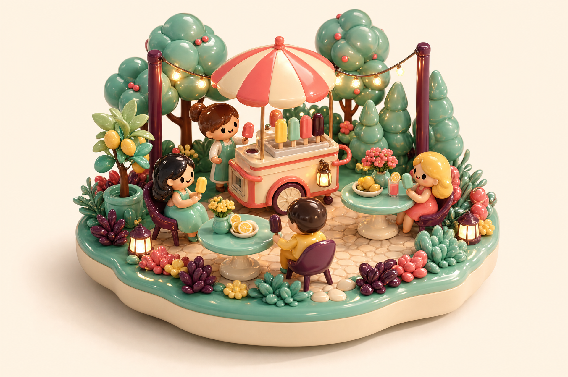 Miniature fair scene with children around a pink-and-cream cart under a striped umbrella, surrounded by flowers.