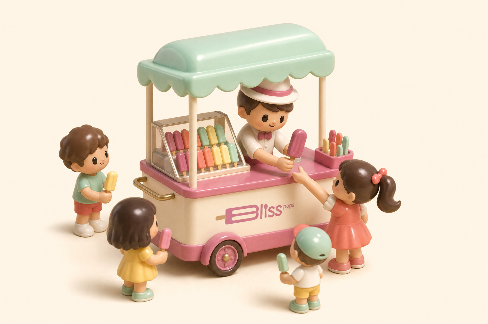 Toy book cart with colorful books and four children gathered around it