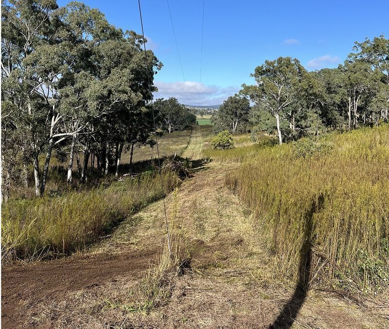 Dirt Path Through Tall Grass and Trees Under a Blue Sky, Power Lines Overhead — Dudgeon’s Earthworks in Murgon, QLD