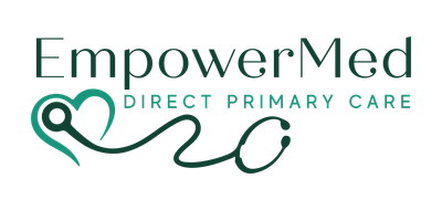 The logo for empowered direct primary care shows a heart and a stethoscope.