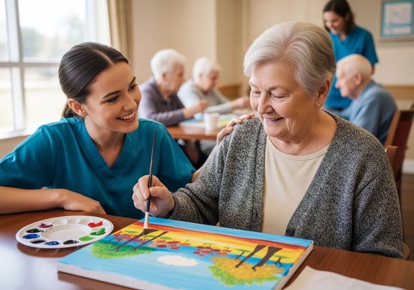 A caregiver in a tan shirt provides comfort by placing a hand on the shoulder of a person sitting with a walking cane. A caregiver in a tan shirt provides comfort by placing a hand on the shoulder of a person sitting with a walking cane.