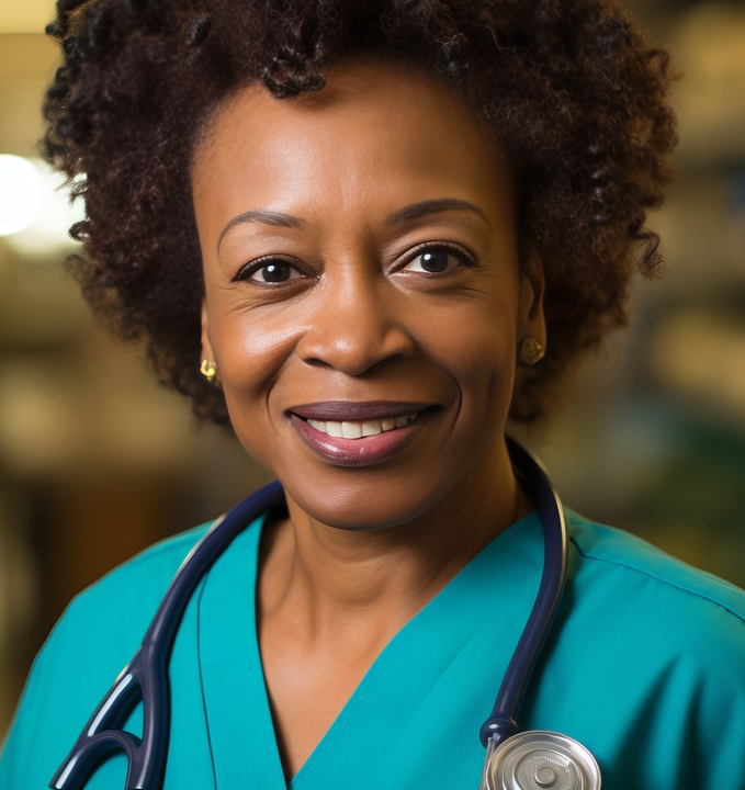A smiling healthcare professional wearing blue scrubs, standing outside a building. A smiling healthcare professional wearing blue scrubs, standing outside a building.