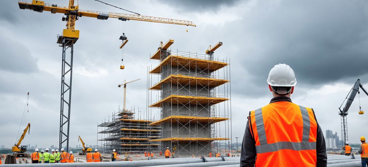 Construction worker in a hard hat and safety vest using a tablet at a building site.