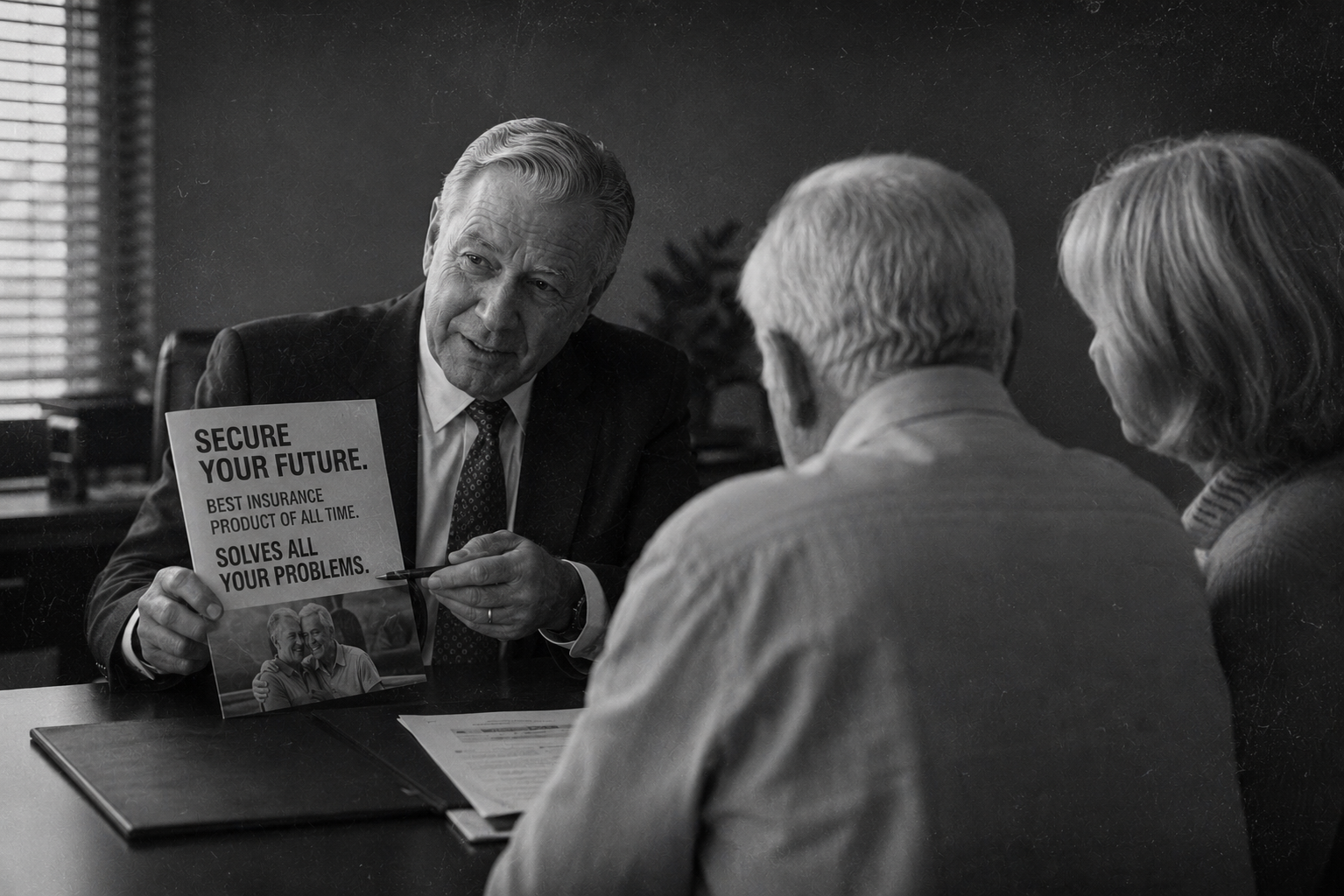 Man showing a brochure to two seated colleagues in an office meeting