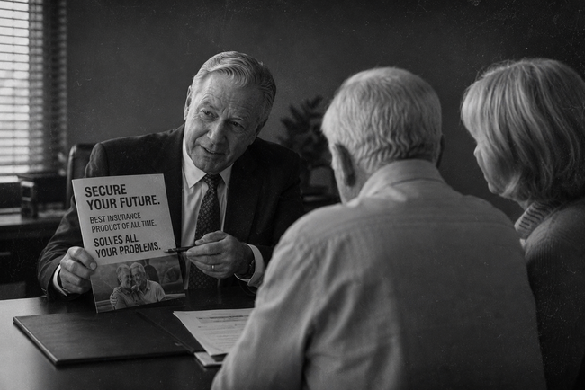 Man showing a brochure to two seated colleagues in an office meeting