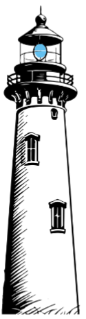 A white lighthouse with a black top and accents. A blue light shines from the top.