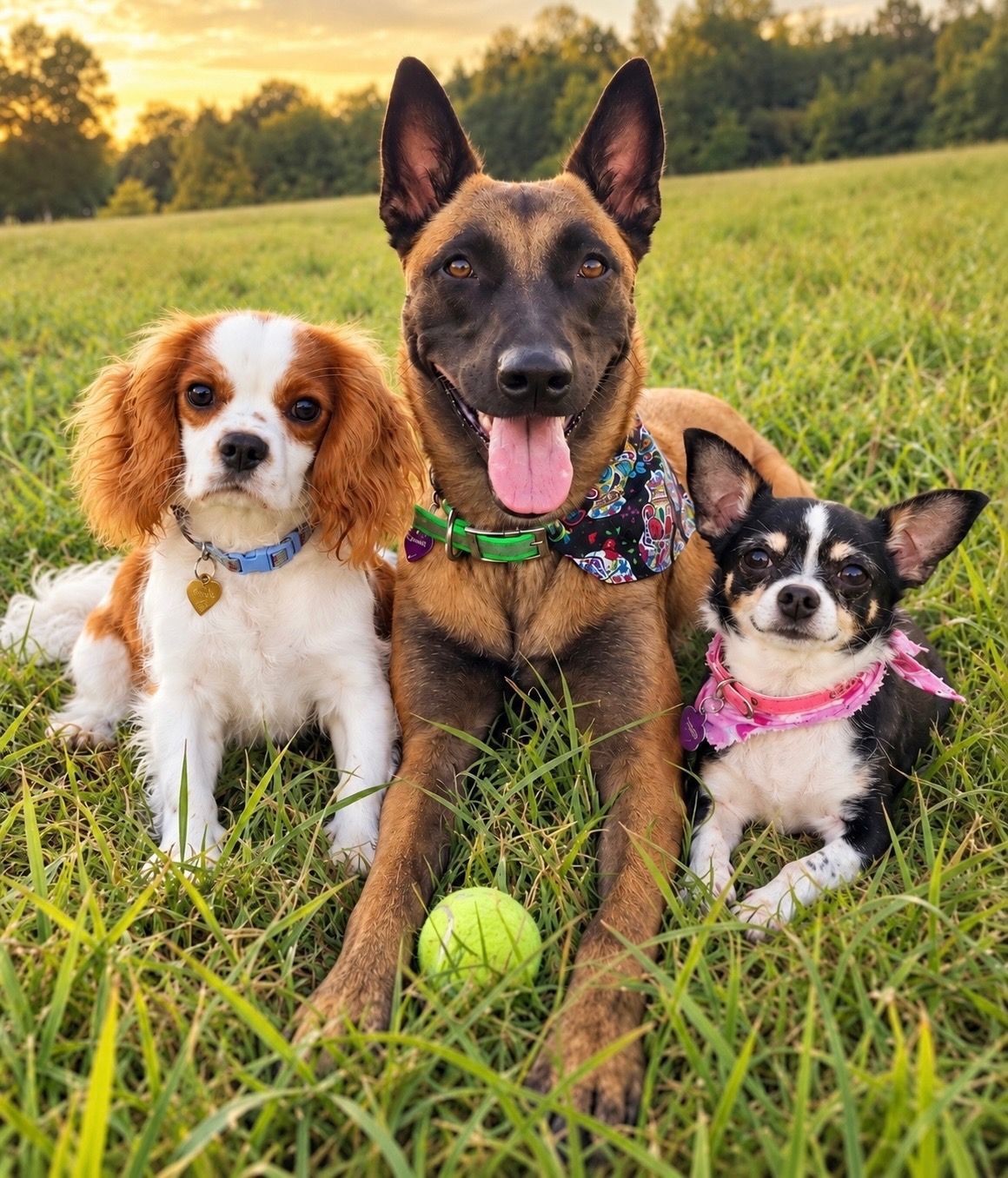 Hillary's dogs, Theodore, Athena, and Pepper posing with a tennis ball in a green grass field.