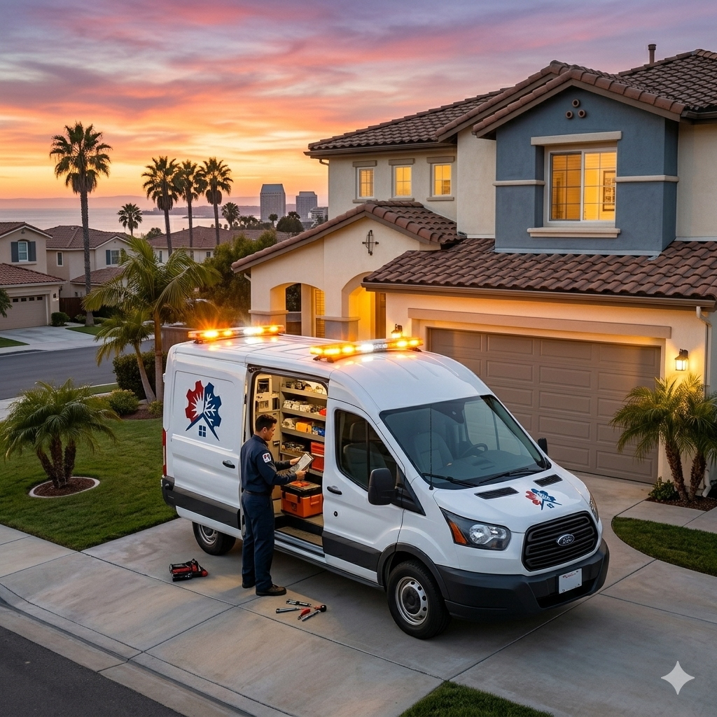 Technician servicing a white van outside a suburban home at sunset, with tools and equipment visible