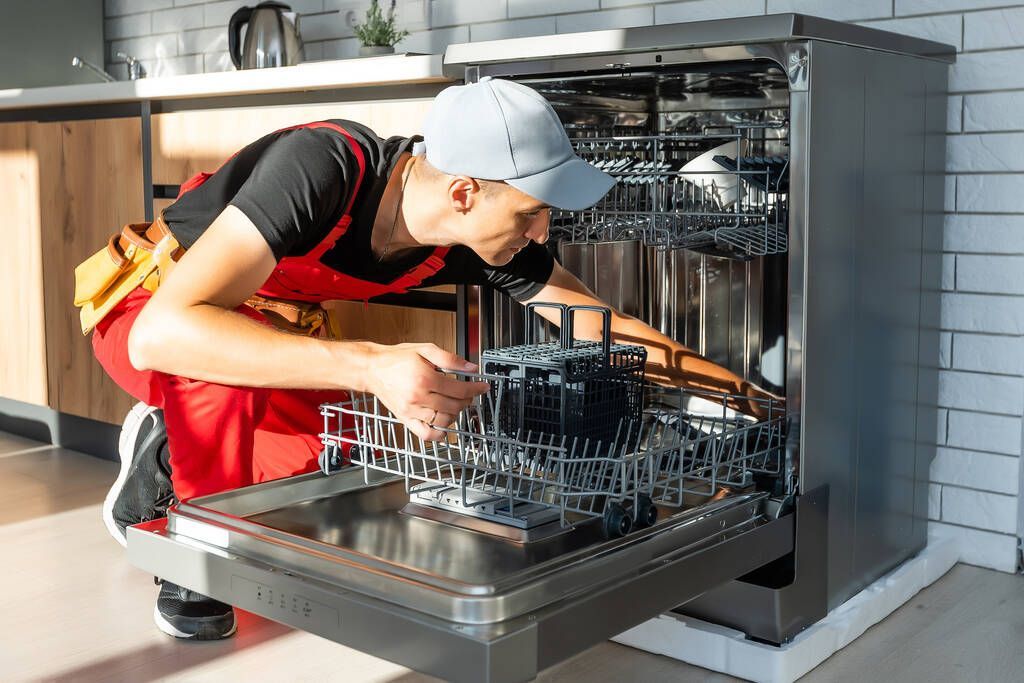 Person cleaning a dishwasher rack in a kitchen, wearing a cap and red apron.