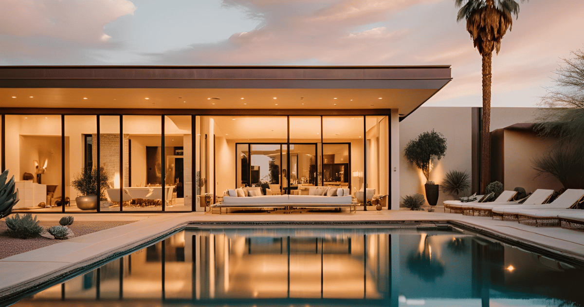 A modern house with a large swimming pool in front of it.