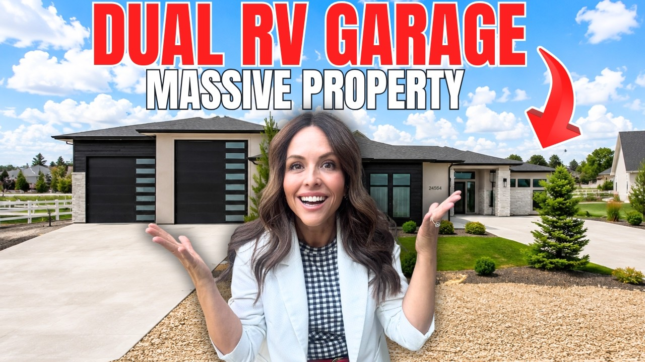 Woman standing before a large house with “Dual RV Garage” text and a red arrow pointing to the home