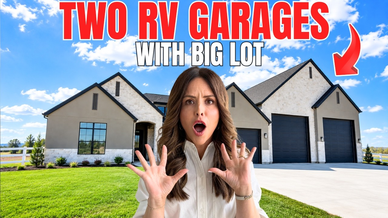 Two RV garages and a big lot, with a surprised woman in front and a red arrow pointing to the house