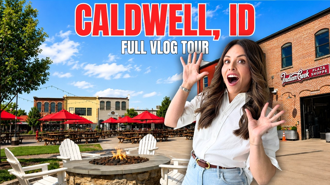 Caldwell, ID travel thumbnail with a smiling woman in front of downtown shops and patio seating