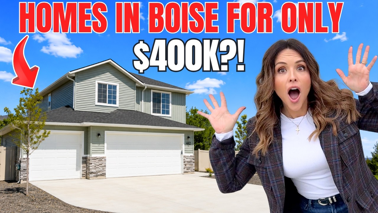 Boise house with “Homes in Boise for only $400K?!” text and a surprised woman gesturing