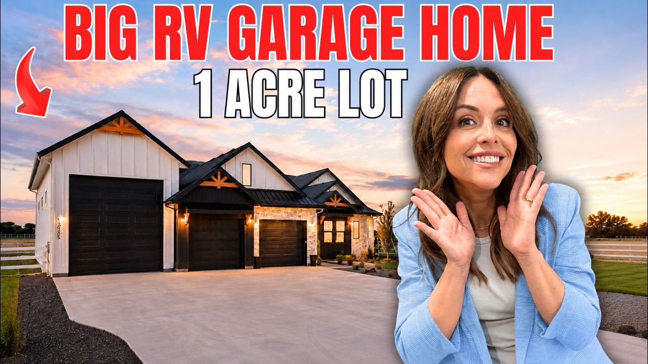 Big RV garage home with 1 acre lot, house exterior and smiling woman beside it