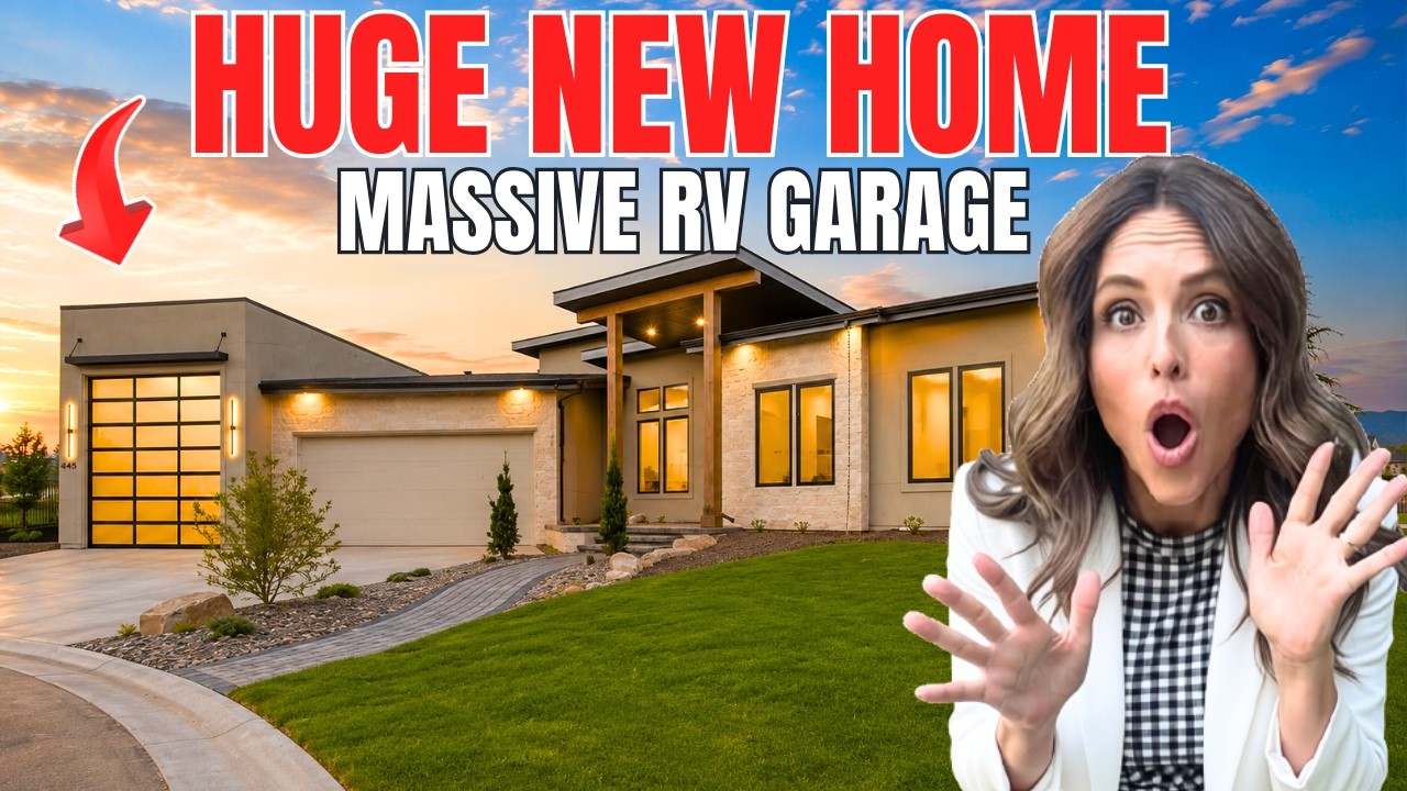 Modern home exterior with large RV garage and surprised woman holding a light bulb, with bold text overlay