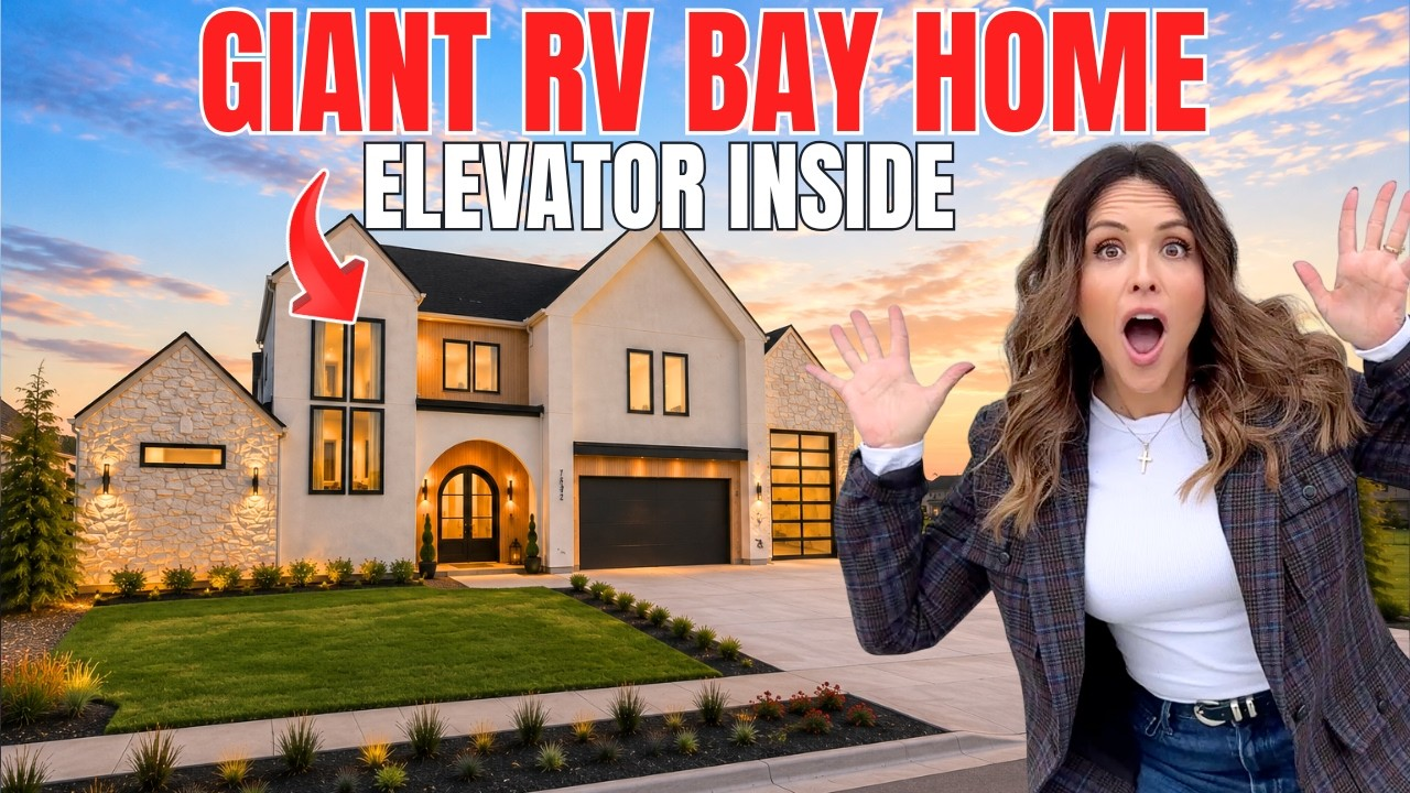 Large modern house with text “GIANT RV BAY HOME” and “ELEVATOR INSIDE,” plus a surprised woman pointing.