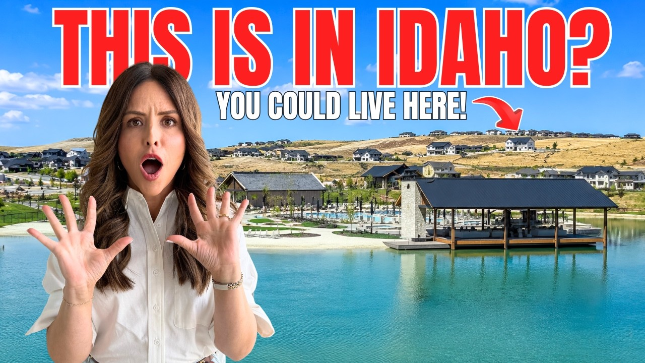Woman with surprised expression over a blue lake and dock, with bold red text: “THIS IS IN IDAHO? YOU COULD LIVE HERE!”