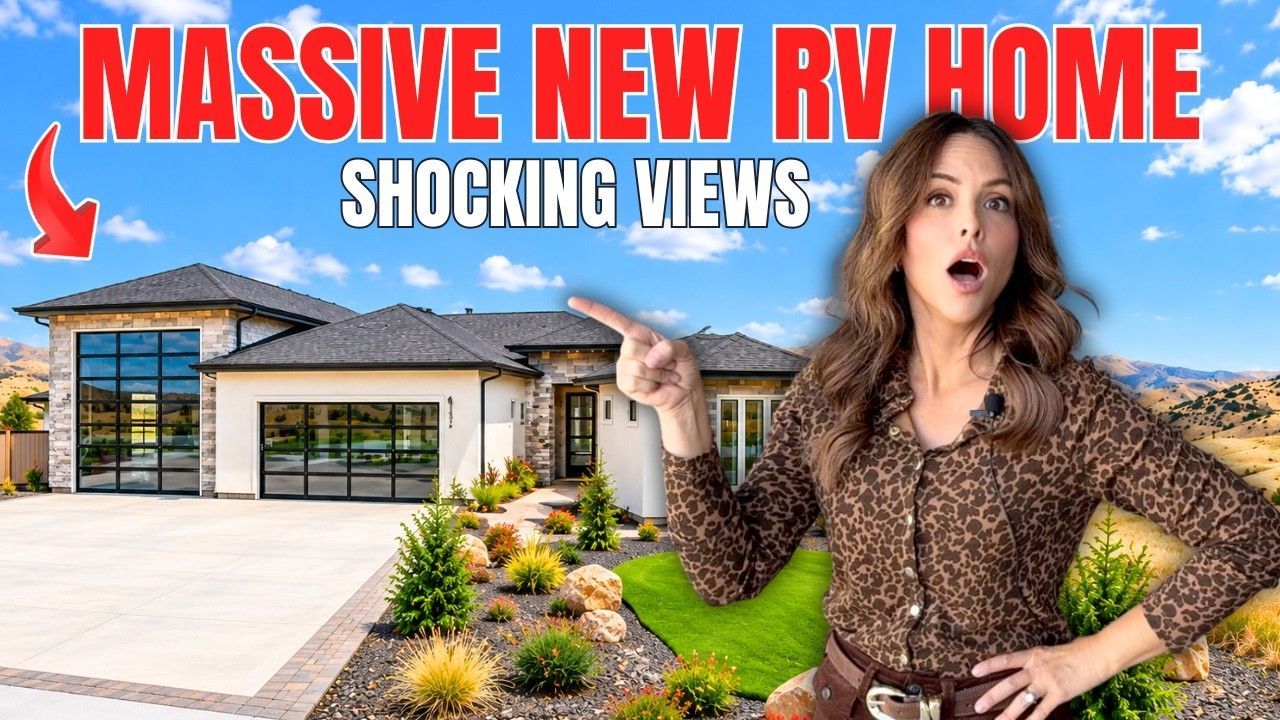 A woman gestures excitedly in front of a modern home with a large driveway and scenic foothill views.