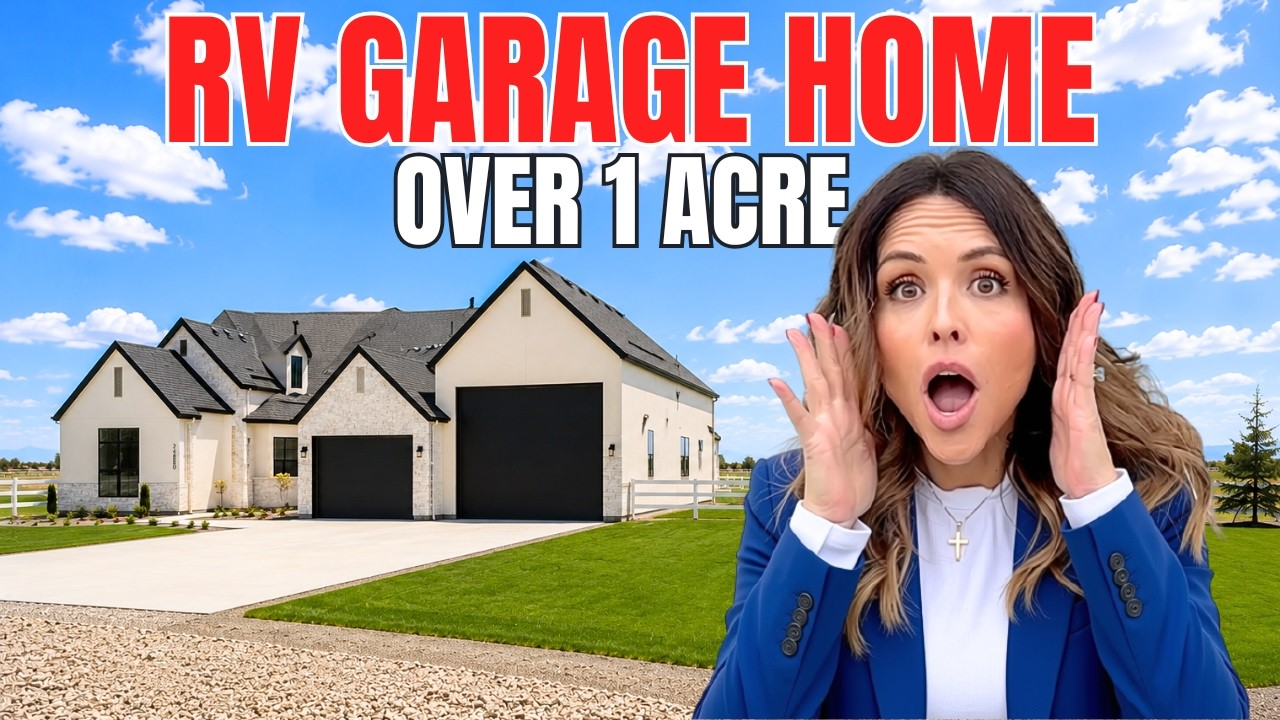 Luxury house with large RV garage and text “RV GARAGE HOME OVER 1 ACRE,” beside a surprised woman