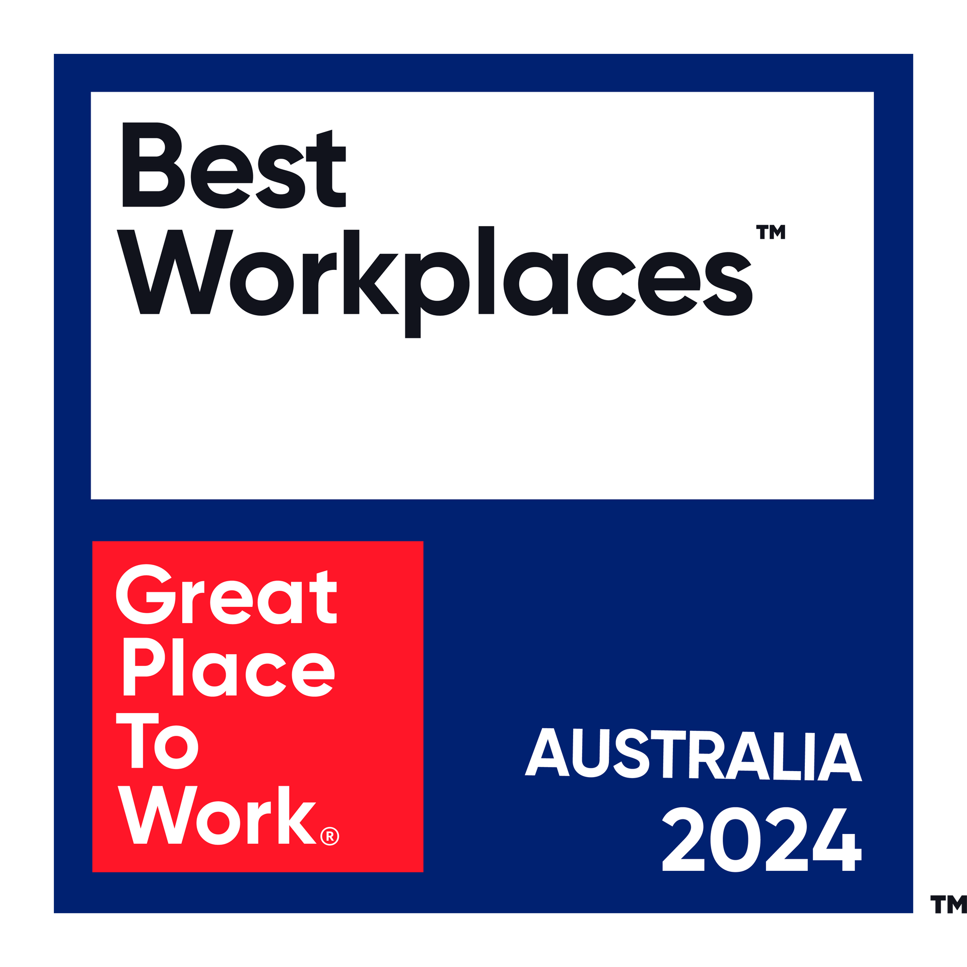 Best Workplaces™ badge with ‘Great Place To Work’ logo, labelled Australia 2024 on a blue background.