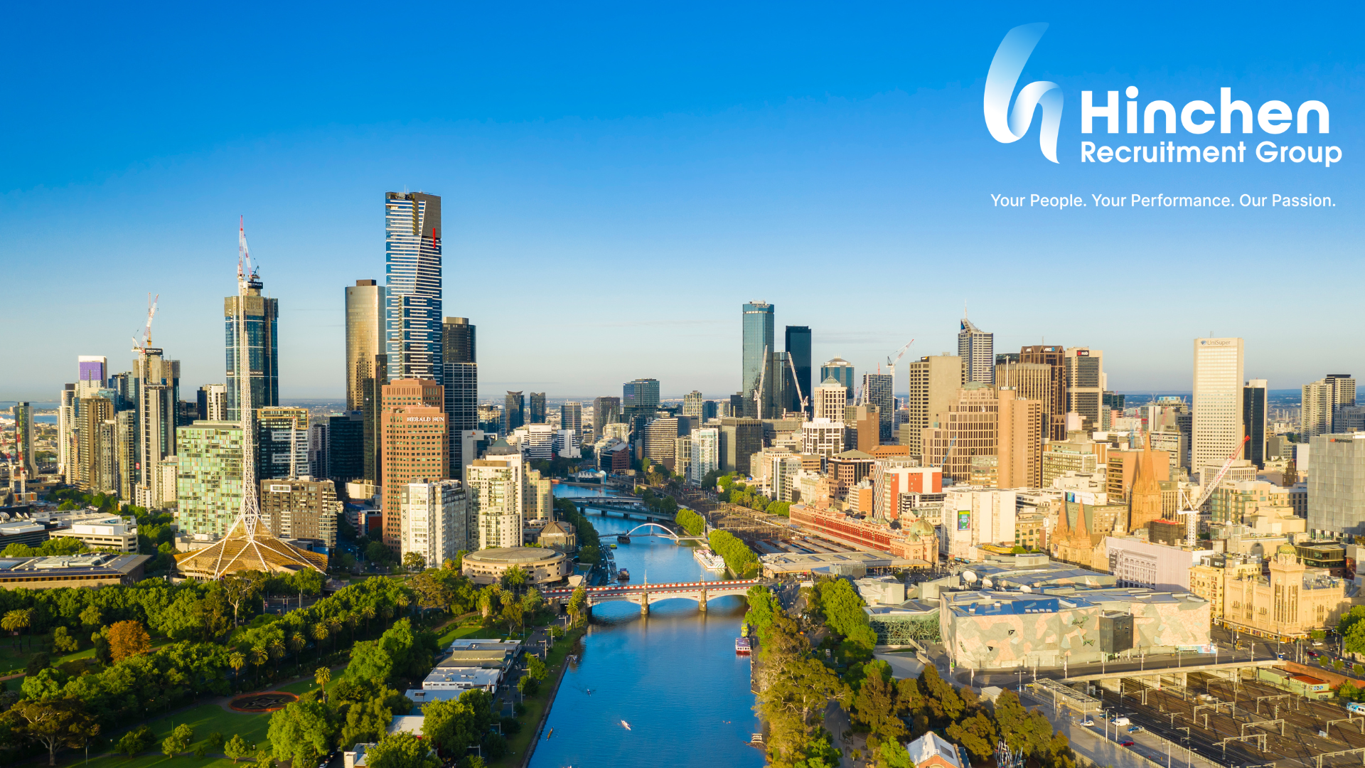 Melbourne city skyline with the Yarra River running through the CBD and Hinchen Recruitment Group logo in the corner.
