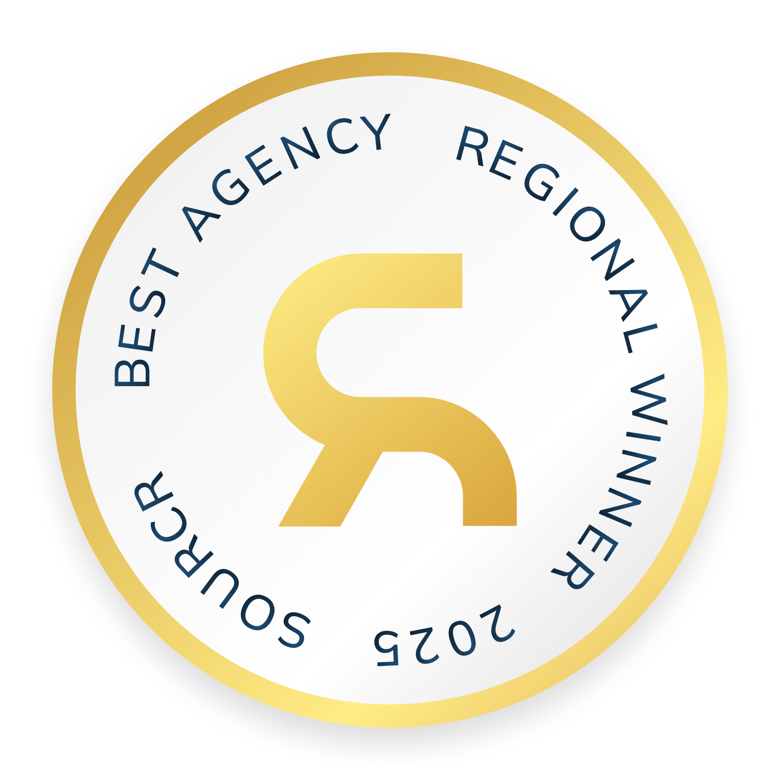 Best Agency Regional Winner 2025 award badge, circular design with gold border and stylised ‘R’ in the centre.