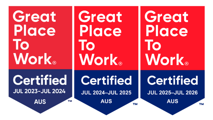 Three ‘Great Place to Work’ Certified badges for Australia, showing certification periods July 2023–July 2026