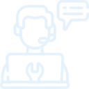 Graphic of a character using a hands-free headset with a speech bubble in the top right