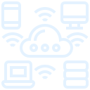 Graphic of a cloud surrounded by WiFi signals, a phone in the top left and a monitor in the top right