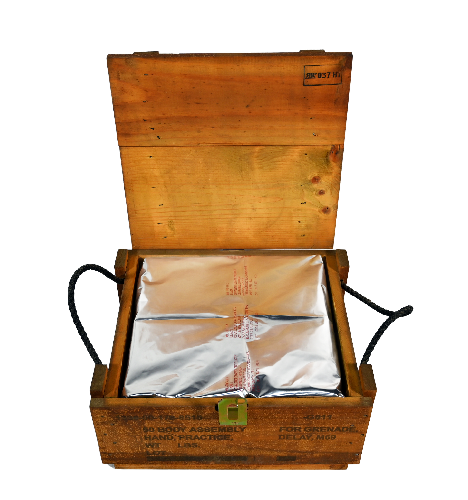 Wooden box with open lid and tools on a plywood surface, possibly for woodworking.