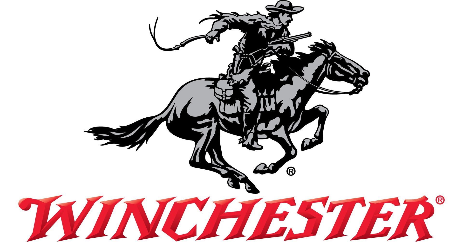 Cowboy on horseback, brandishing a whip, logo for Winchester firearms.