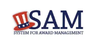 SAM logo: Uncle Sam hat in red, white, and blue, with text