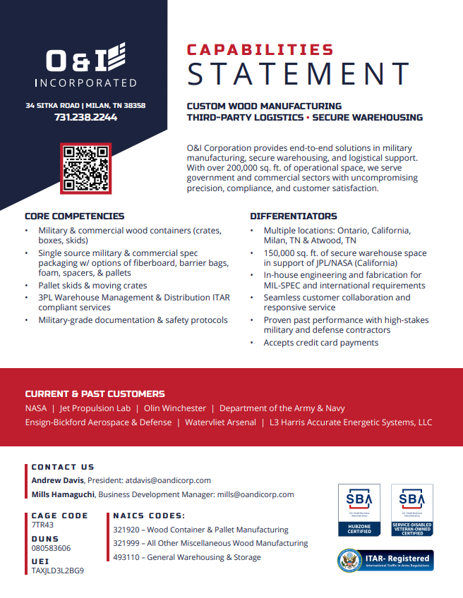 Capability statement for a wood manufacturing and logistics company.