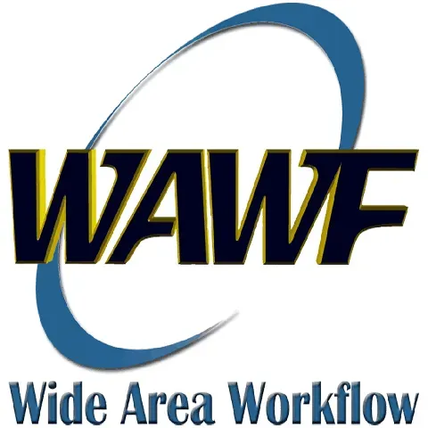 WAWF logo with dark blue text outlined in yellow, a blue orbital shape, and the words