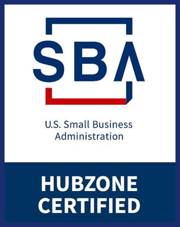 HUBZone Certified seal with blue, gold, and white text and ribbon.