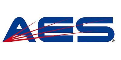 AES logo: Blue letters with red lines streaking out, representing energy or technology.