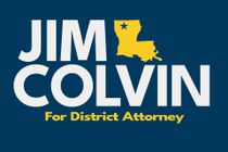 "Jim Colvin campaign sign. White text on blue background with Louisiana outline and star."