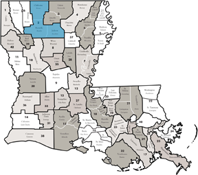 Map of Louisiana parishes, with two in blue, indicating a selection or focus on those areas.