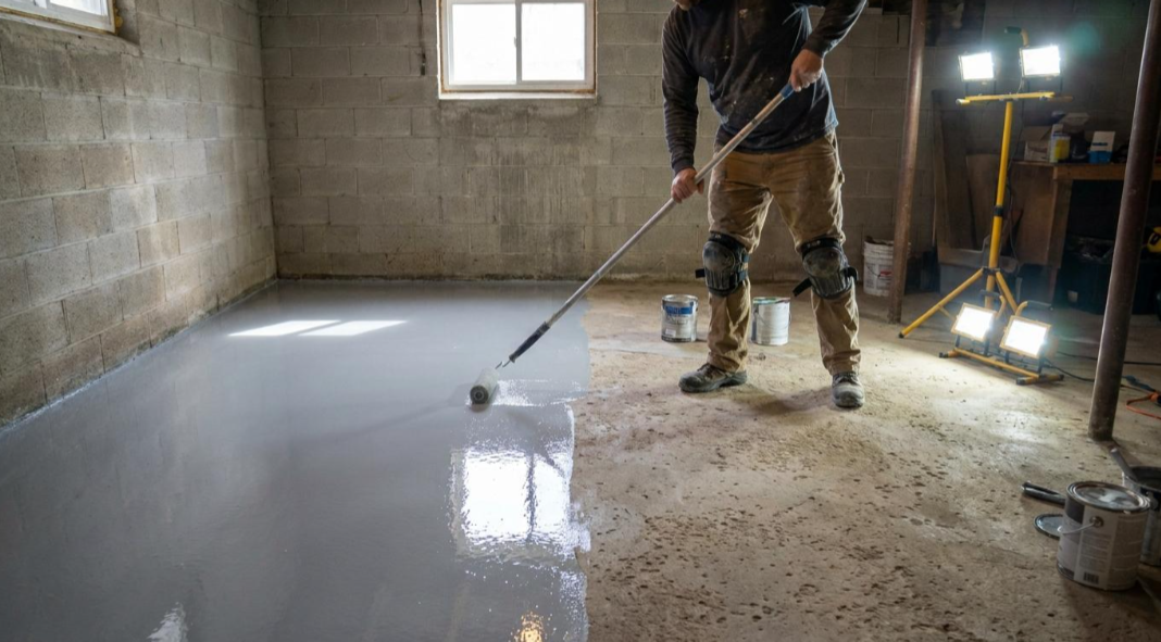 Worker smoothing wet concrete floor in an unfinished room with cinderblock walls and a window.