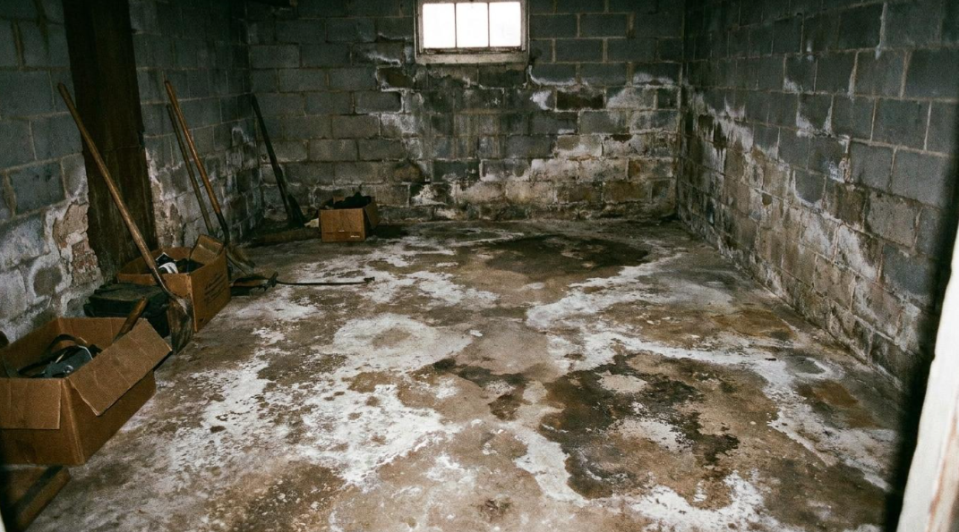 Damp, moldy basement with stained concrete floor, cinderblock walls, and a small window.
