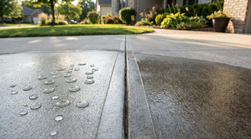 Wet concrete sidewalk with water droplets, split by a seam, in a residential driveway.