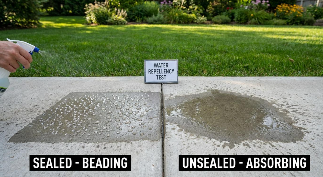 Concrete slab comparison labeled sealed-beading and unsealed-absorbing, with water on each side.