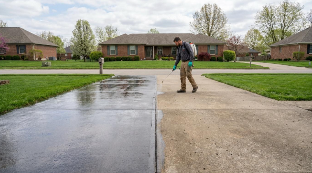 Worker spraying sealant on a driveway, with wet black pavement beside unfinished concrete in a suburban neighborhood