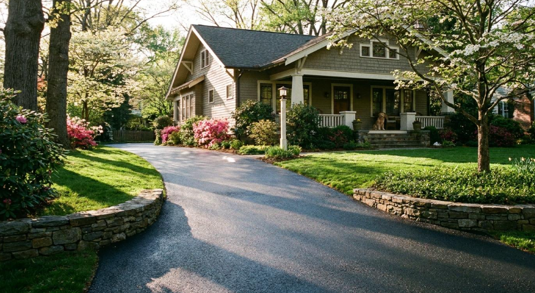 A sunlit house with a curved driveway, surrounded by trees, shrubs, and a landscaped front yard.