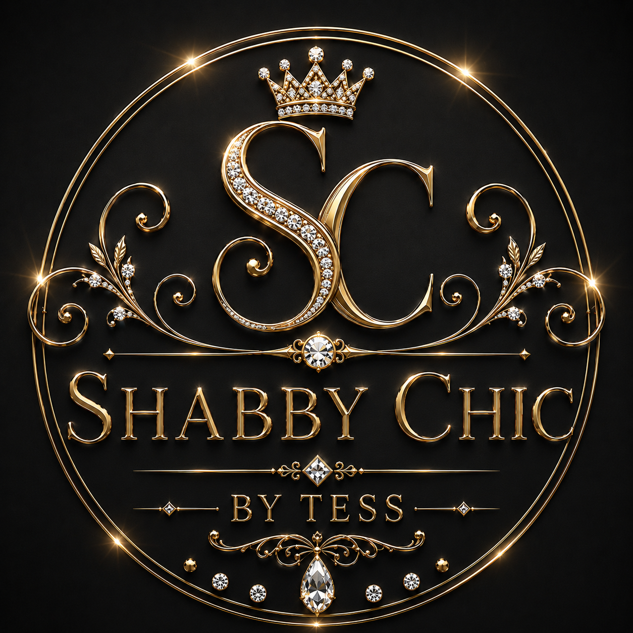 Gold “SC” monogram logo with crown and decorative flourishes, reading “Shabby Chic by Tess” on a black background
