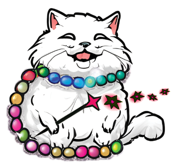 Game logo and character, a white cat wearing beads and holding a magic wand.